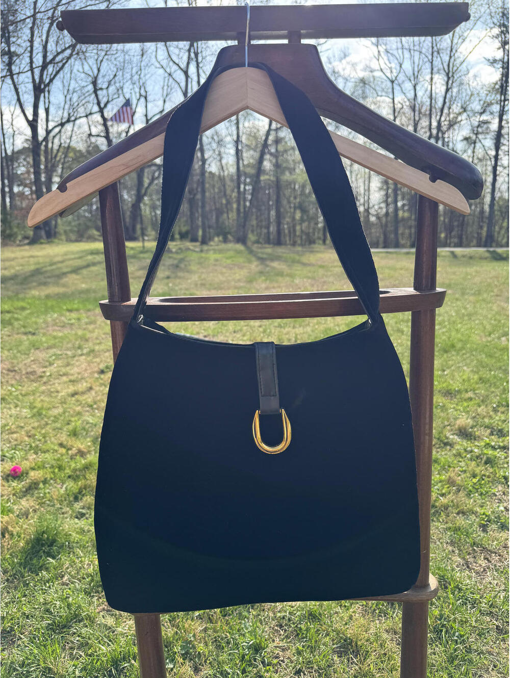 Tianni Black Suede Shoulder Bag with Gold Hardware